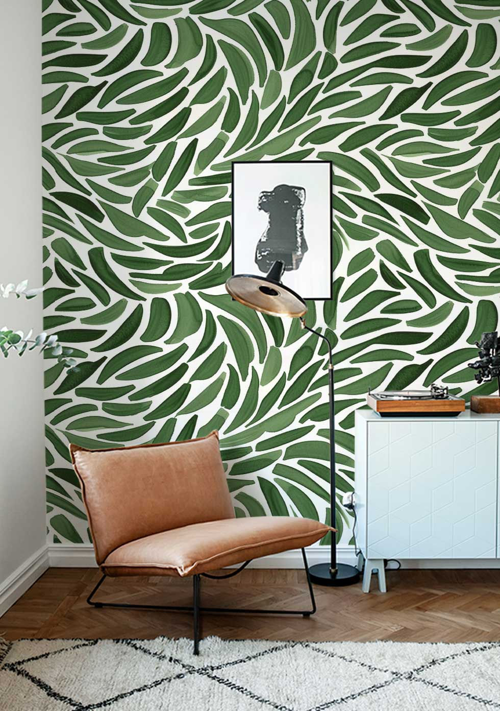 Thumbnail: Emerald green leaf patterned wallpaper on a feature wall