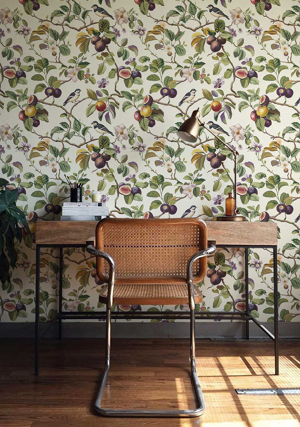 Thumbnail: Wallpaper design with detailed illustrations of birds and figs, enhanced by soft shadows and rich textures.