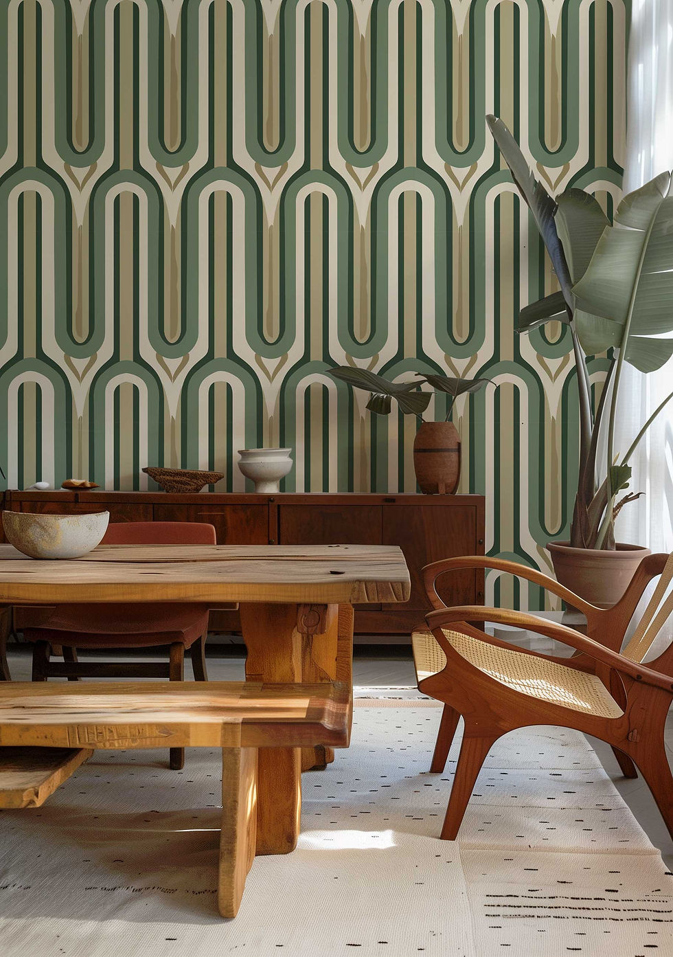 Thumbnail: Mural-style wallpaper featuring a modern geometric in green and beige for a sophisticated touch.