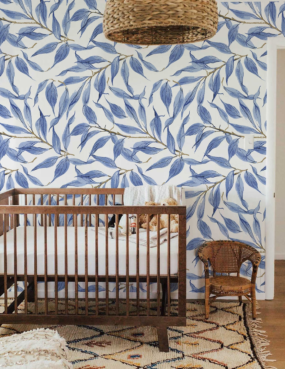 Thumbnail: Nursery adorned with blue leaf pattern self-adhesive wallpaper, bringing a touch of nature and style to the space