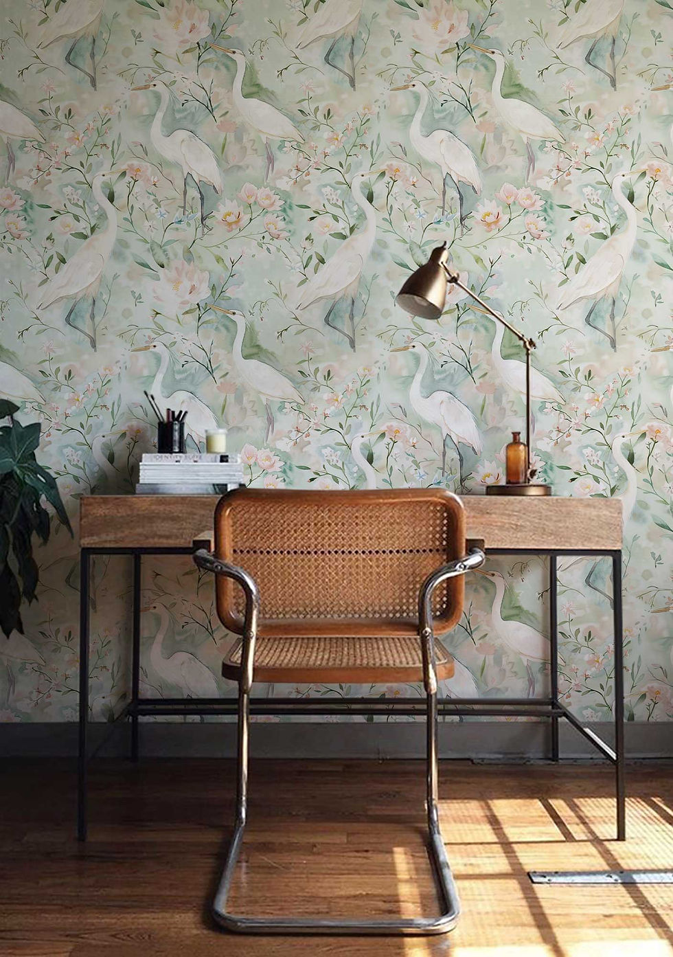 Thumbnail: Self-adhesive mural featuring watercolor herons and floral accents in pastels