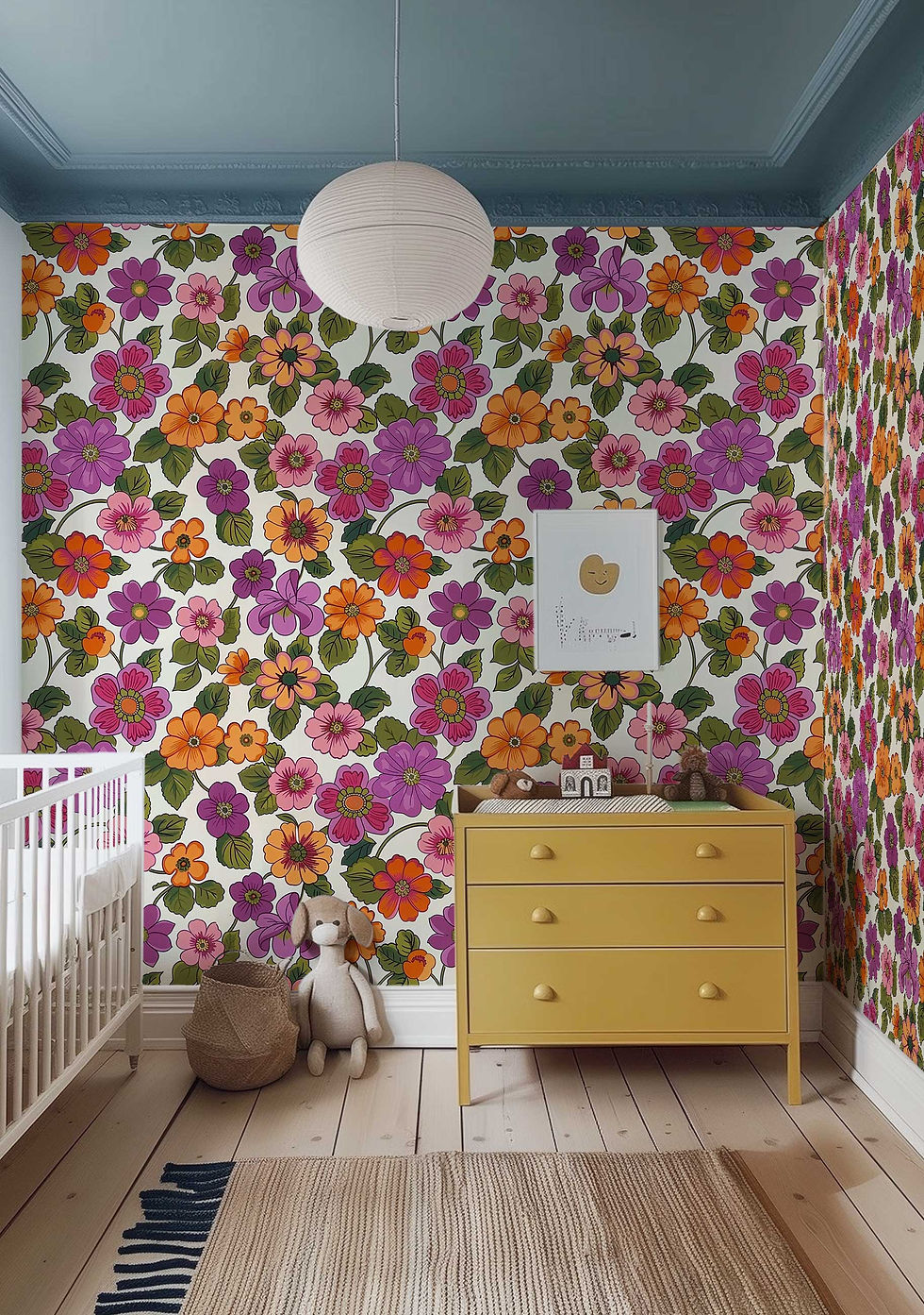 Thumbnail: Groovy wallpaper featuring bold 70s floral prints in vibrant orange, pink, and purple on a clean white background.