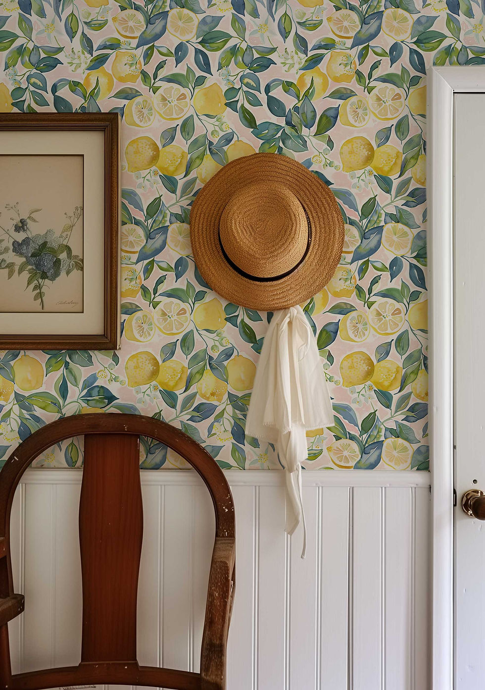 Thumbnail: Self-adhesive mural wallpaper with lemons and flowers in gentle pastel hues