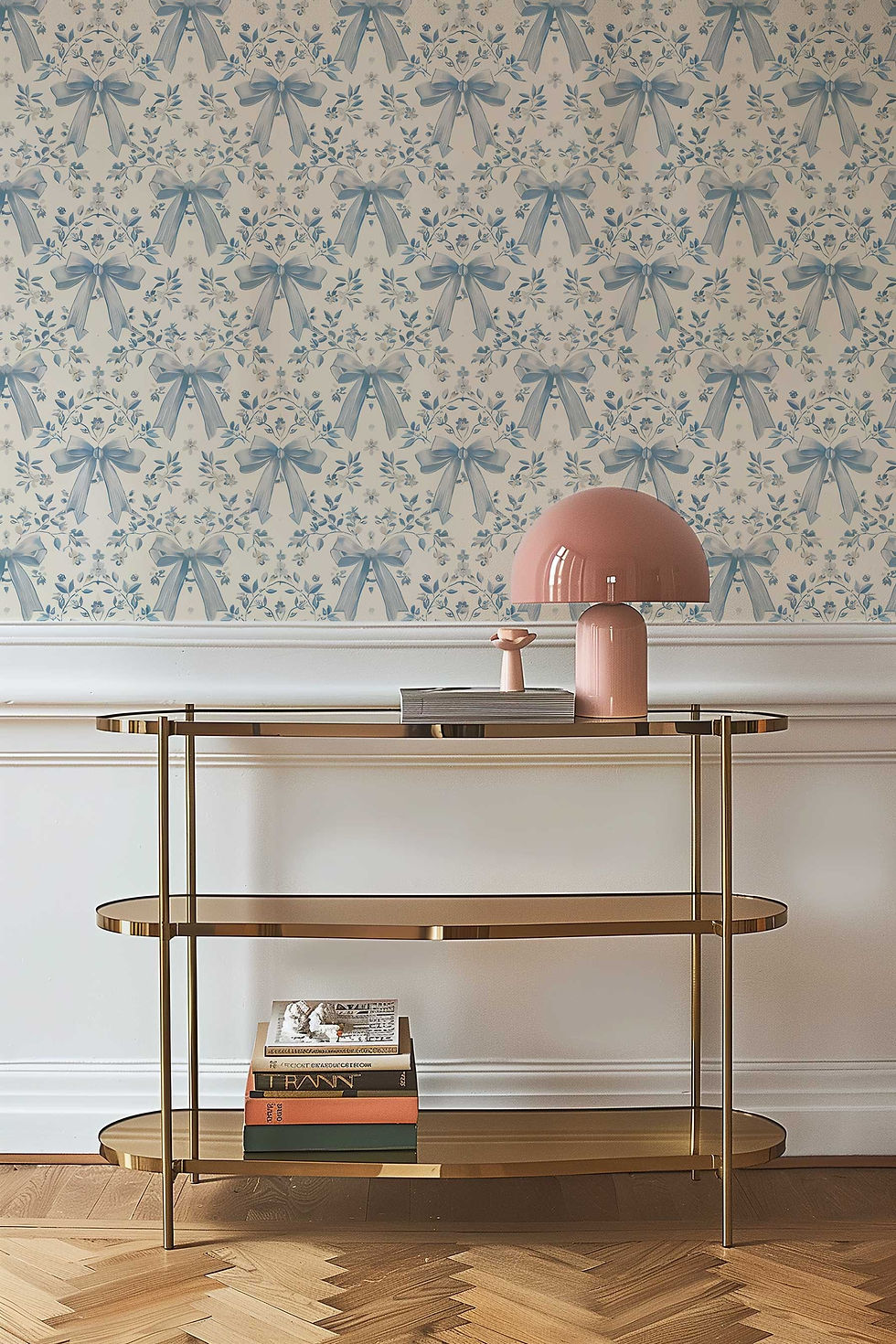 Thumbnail: Elegant vintage wallpaper with a soft pastel blue floral and bow pattern.