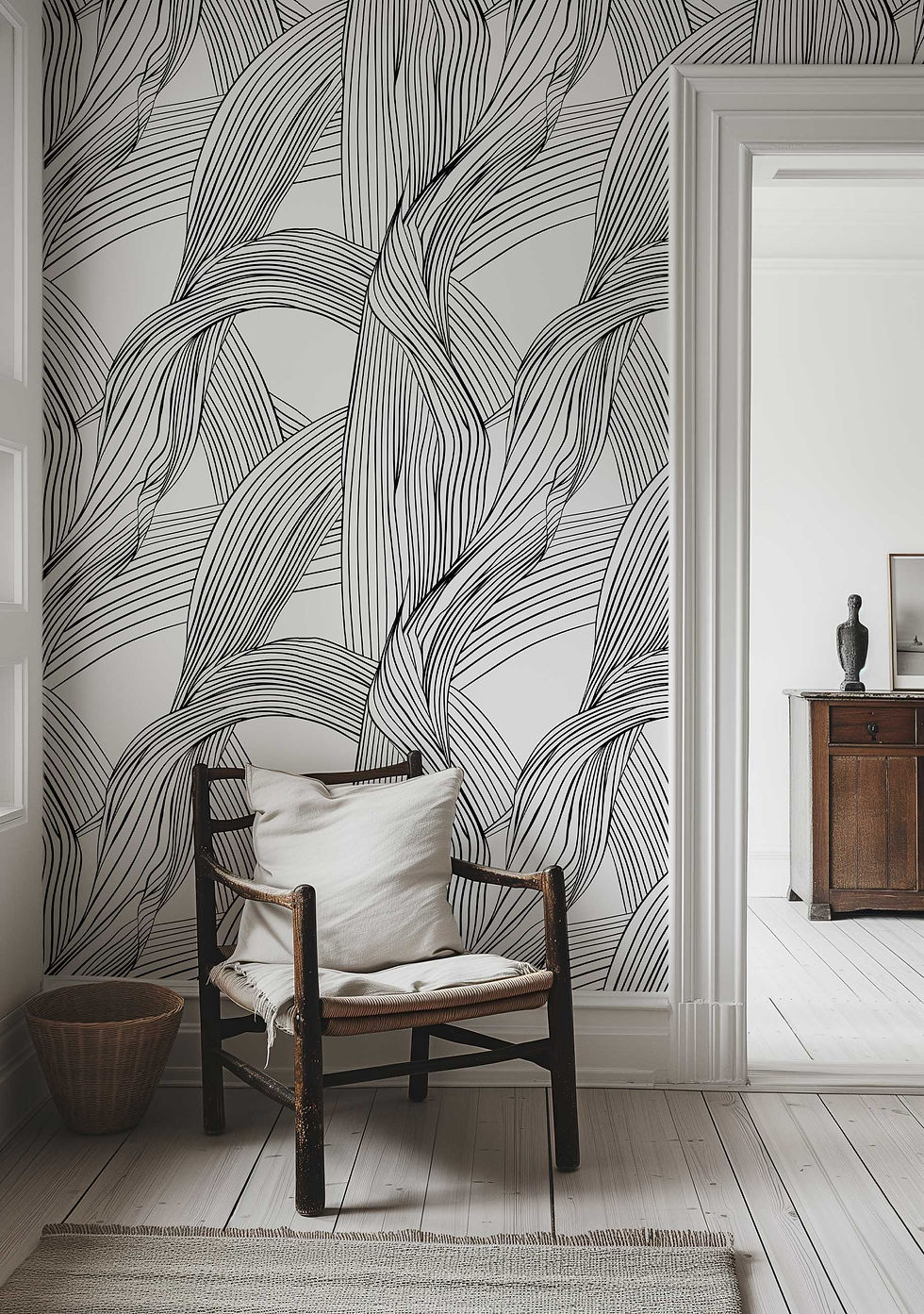 Thumbnail: Modern peel and stick wallpaper featuring intricate ribbon drawing for easy updates in any room