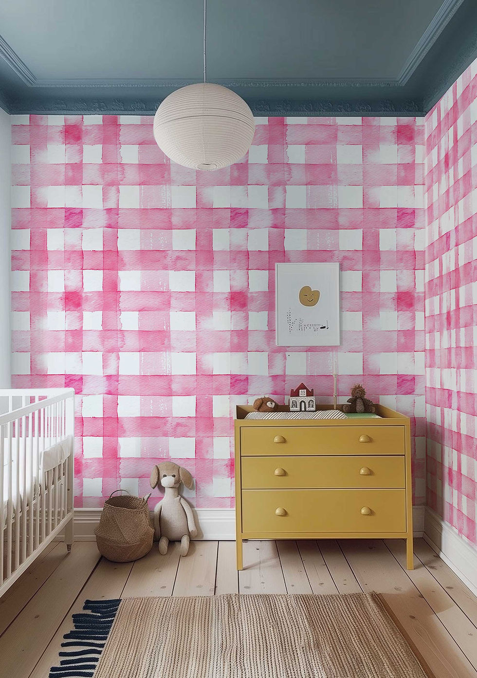 Thumbnail: Traditional pink and white check wallpaper with a soft watercolor touch, perfect for a cozy living room update.