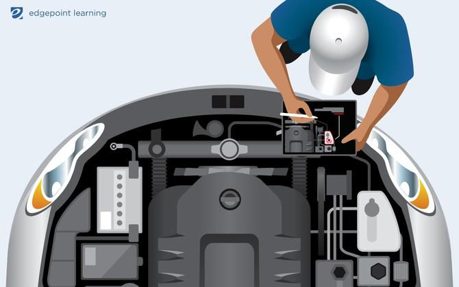An auto technician using augmented reality on their mobile device to troubleshoot.