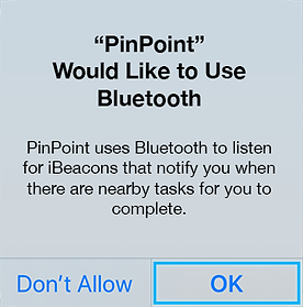 The "PinPoint Would Like to Use Bluetooth" dialog box with the "OK" option highlighted.
