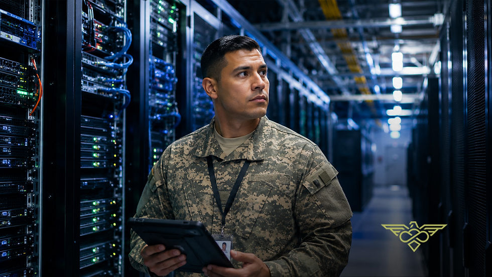 A soldier in camo holds a tablet in a dimly lit server room, surrounded by racks of servers with glowing lights, looking focused.