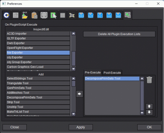 The image below show the Plugin execute tab in the preferences dialog. The Hie Exporter has been selected and in the Pre-Execute tab the DecomposePrimSets plugin selected.