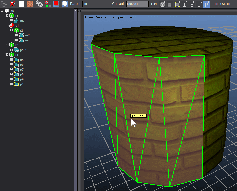 Here we have switched the PickMode to "Component Part" and clicked on the part of the PrimSet that the mouse was over. That selected the 4th mesh (a TriStrip) in PrimSet "ps92" which is why the hover displayed node name is "ps92:s4"