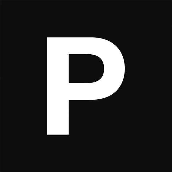 White letter "P" centered on a black background, creating a bold and minimalistic design.