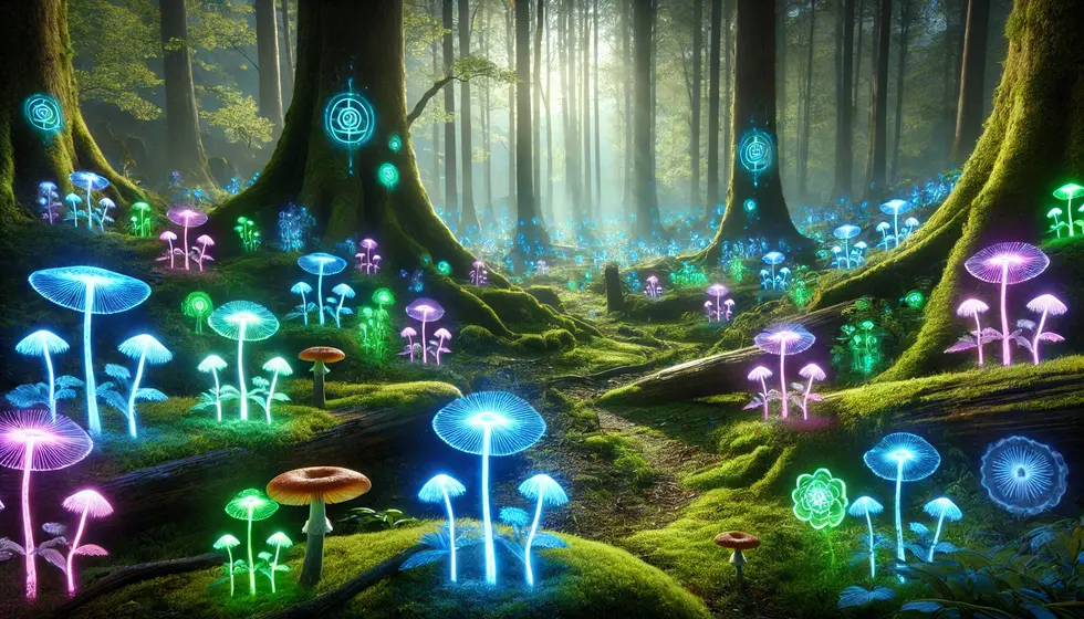 DALL·E 2025-01-23 10.39.08 - A highly detailed fantasy forest scene in landscape orientation, featuring glowing fluorescent flowers and mushrooms scattered throughout the lush mos