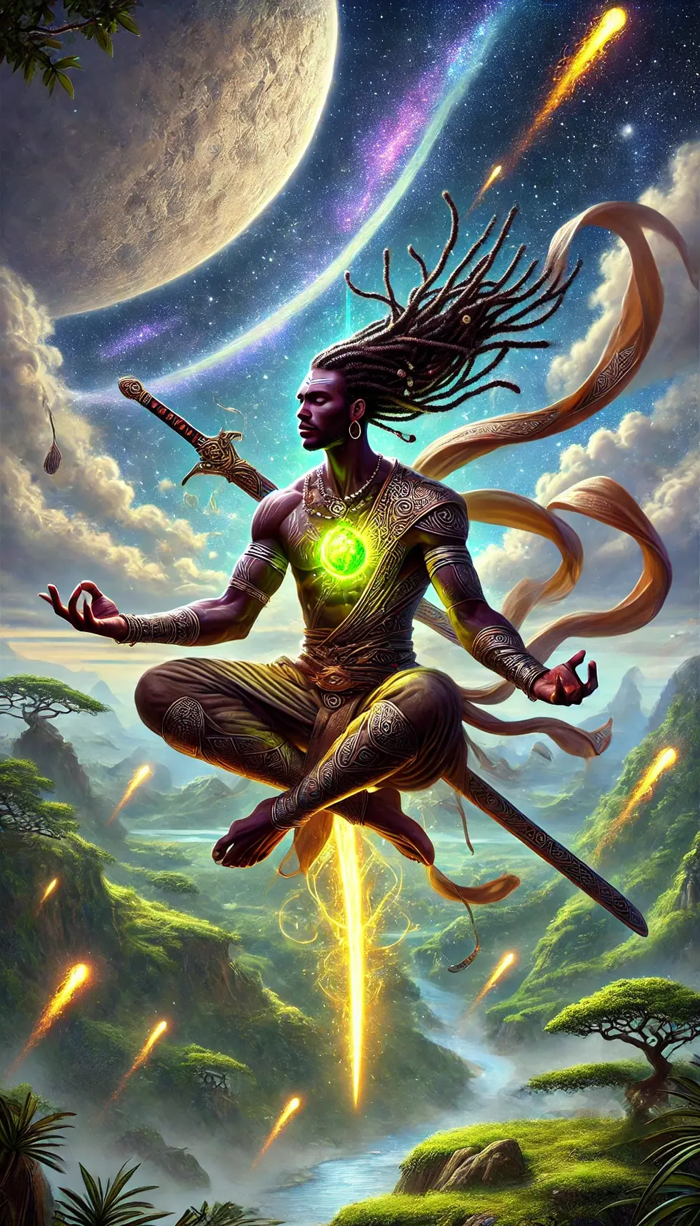DALL·E 2025-01-12 17.41.25 - A depiction of Zeph, an African warrior with a rich, dark skin tone, floating gracefully in the sky in a prayer-like position. He has long, flowing dr