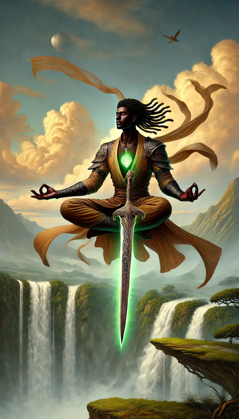 DALL·E 2025-01-12 17.38.45 - A depiction of Zeph, an African warrior with a rich, dark skin tone, floating gracefully in the sky in a prayer-like position. He has long, flowing dr