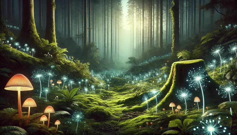 DALL·E 2025-01-23 10.52.18 - A highly detailed fantasy forest scene in landscape orientation designed for a Facebook cover. The setting features lush, glowing moss-covered ground
