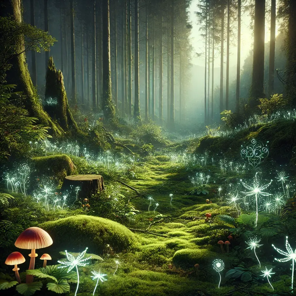 DALL·E 2025-01-23 10.39.18 - A highly detailed fantasy forest scene without any animals. The setting features lush, glowing moss-covered ground illuminated by ethereal bioluminesc