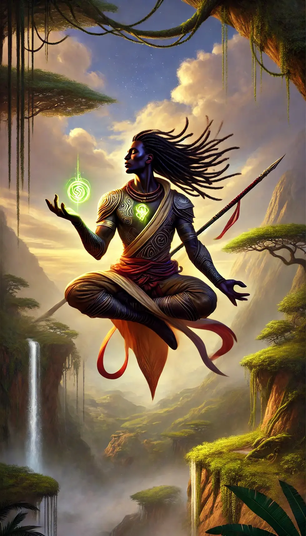 DALL·E 2025-01-12 17.36.55 - A depiction of Zeph, an African warrior with a rich, dark skin tone, floating gracefully in the sky in a prayer-like position. He has long, flowing dr
