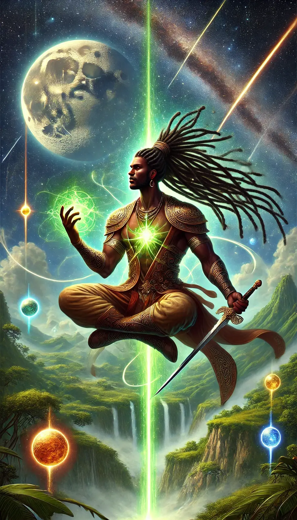 DALL·E 2025-01-12 17.42.27 - A depiction of Zeph, an African warrior with a rich, dark skin tone, floating gracefully in the sky in a prayer-like position. He has long, flowing dr