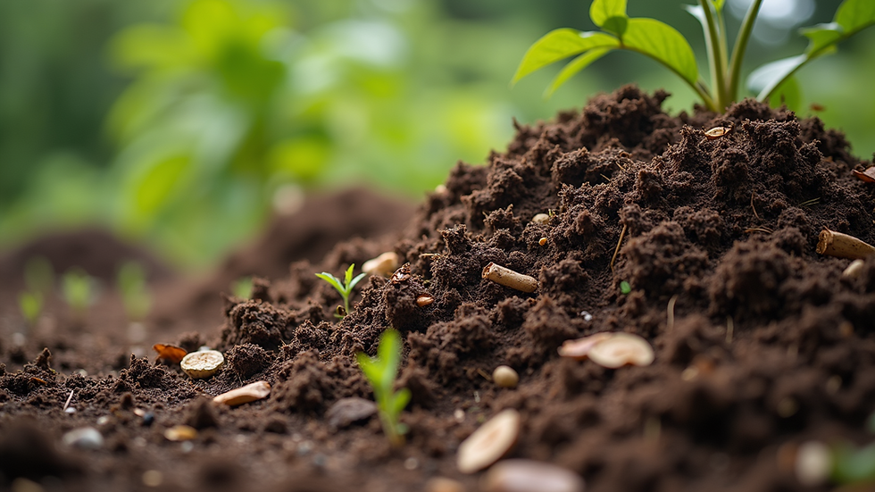 Eye-level view of a garden compost pile with layered organic materials