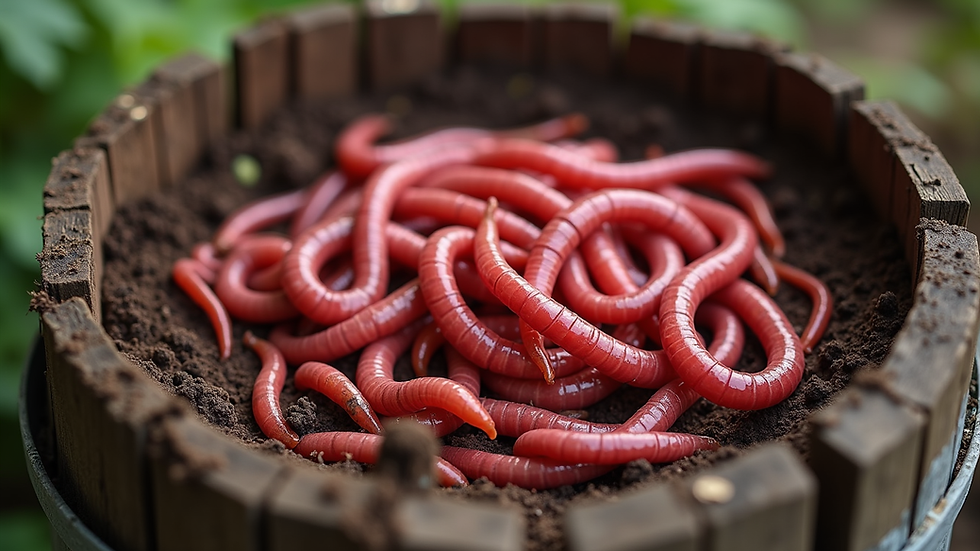 Close-up view of a small worm composting bin with red wiggler worms