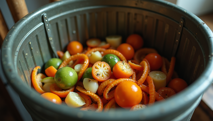 Eye-level view of a kitchen compost bin filled with vegetable scraps and fruit peels