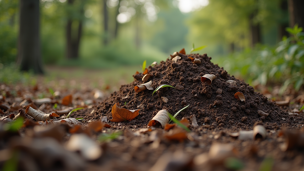 Eye-level view of a compost pile with visible layers of organic waste and dry leaves