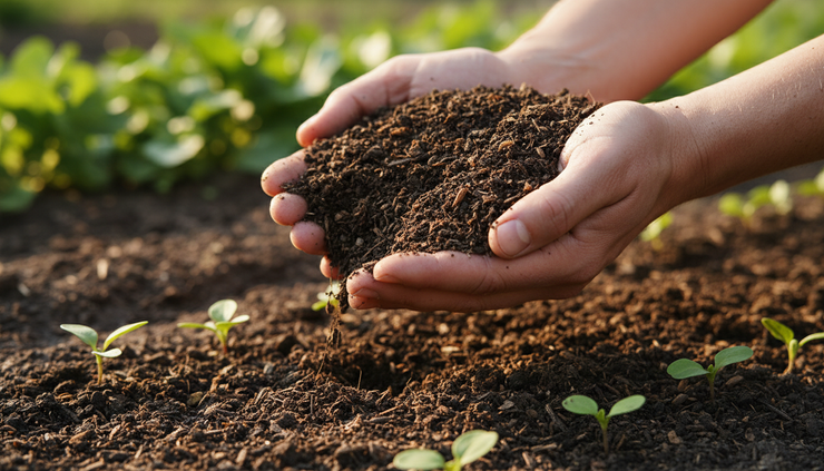 Close-up of hands holding dark compost soil with small green seedlings nearby