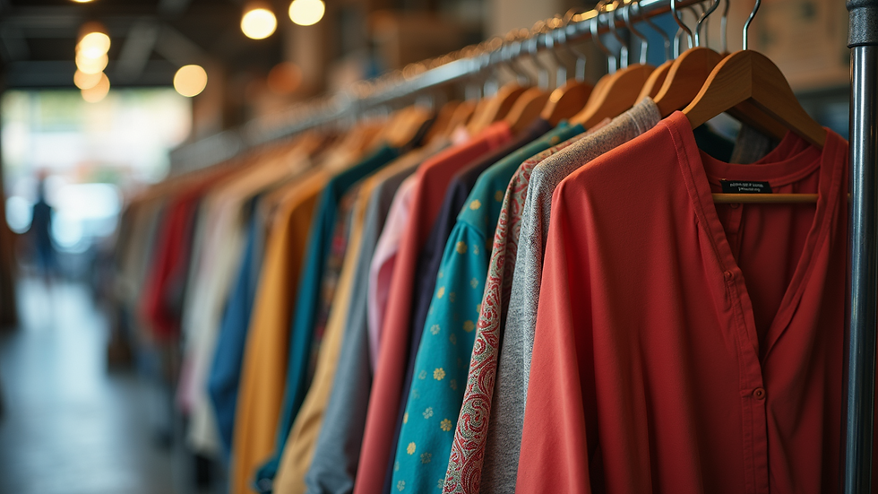 Eye-level view of colorful second-hand clothing display