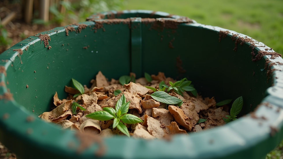 Eye-level view of a compost bin with fresh organic waste inside