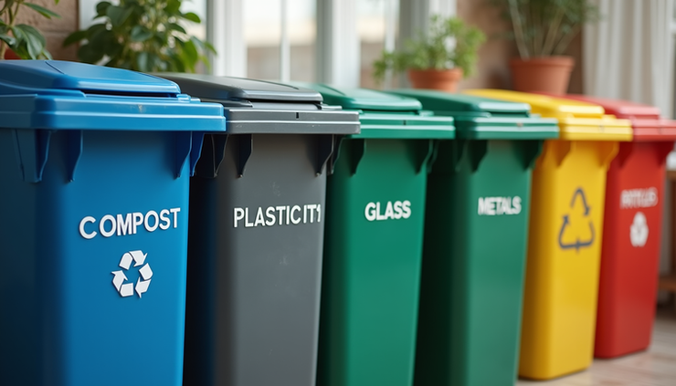 Close-up of color-coded recycling bins with clear labels for compost, plastics, metals, glass, and paper