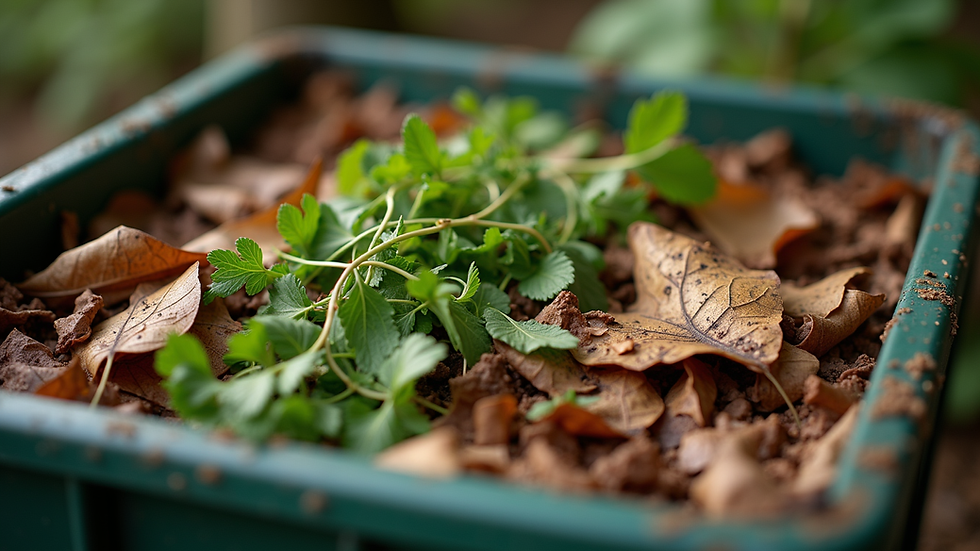 Close-up view of a compost bin filled with brown leaves and green kitchen scraps