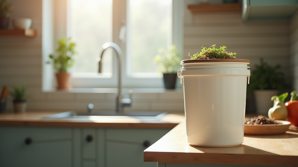Eye-level view of a compact Bokashi composting bucket on a kitchen counter