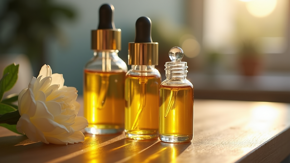 Eye-level view of natural facial oils in glass bottles on wooden surface