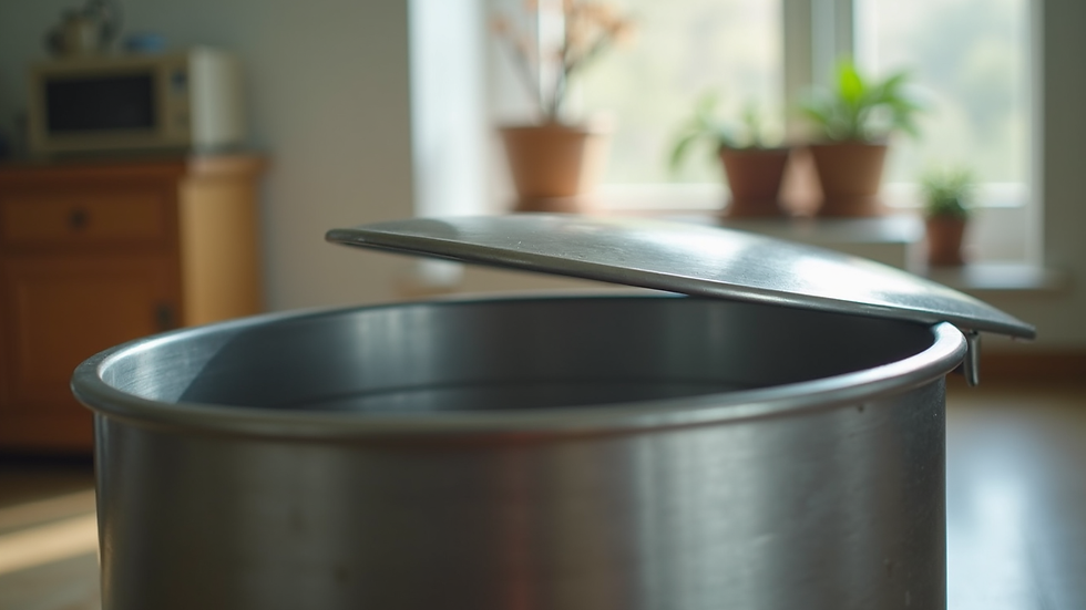 Eye-level view of a stainless steel kitchen compost bin with a closed lid