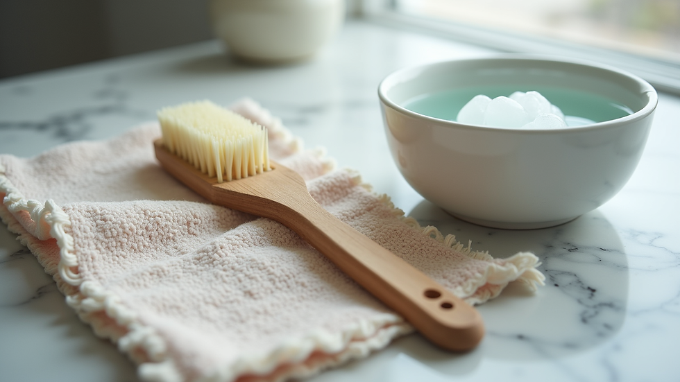 Eye-level view of a soft jewelry cloth and cleaning brush next to a bowl of soapy water