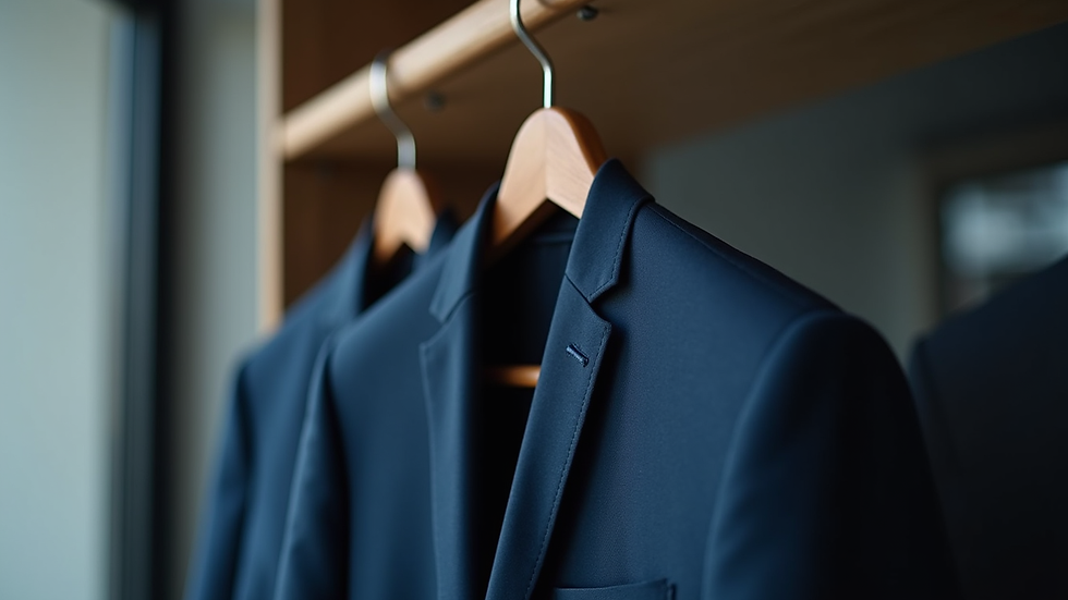 Eye-level view of a navy blue tailored suit hanging on a wooden hanger