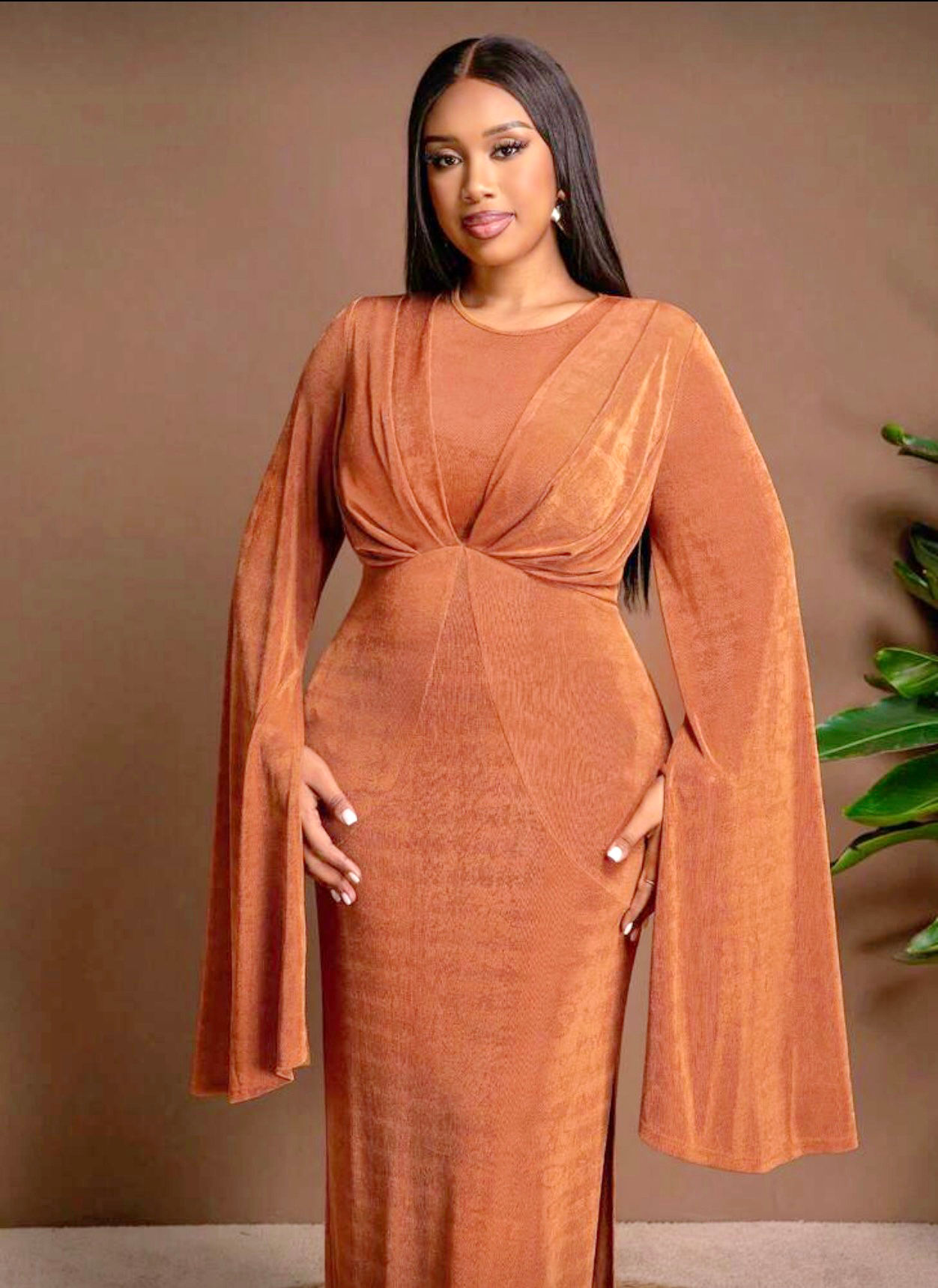 Round Neck Ruched Bust Extra Long Sleeve Dress