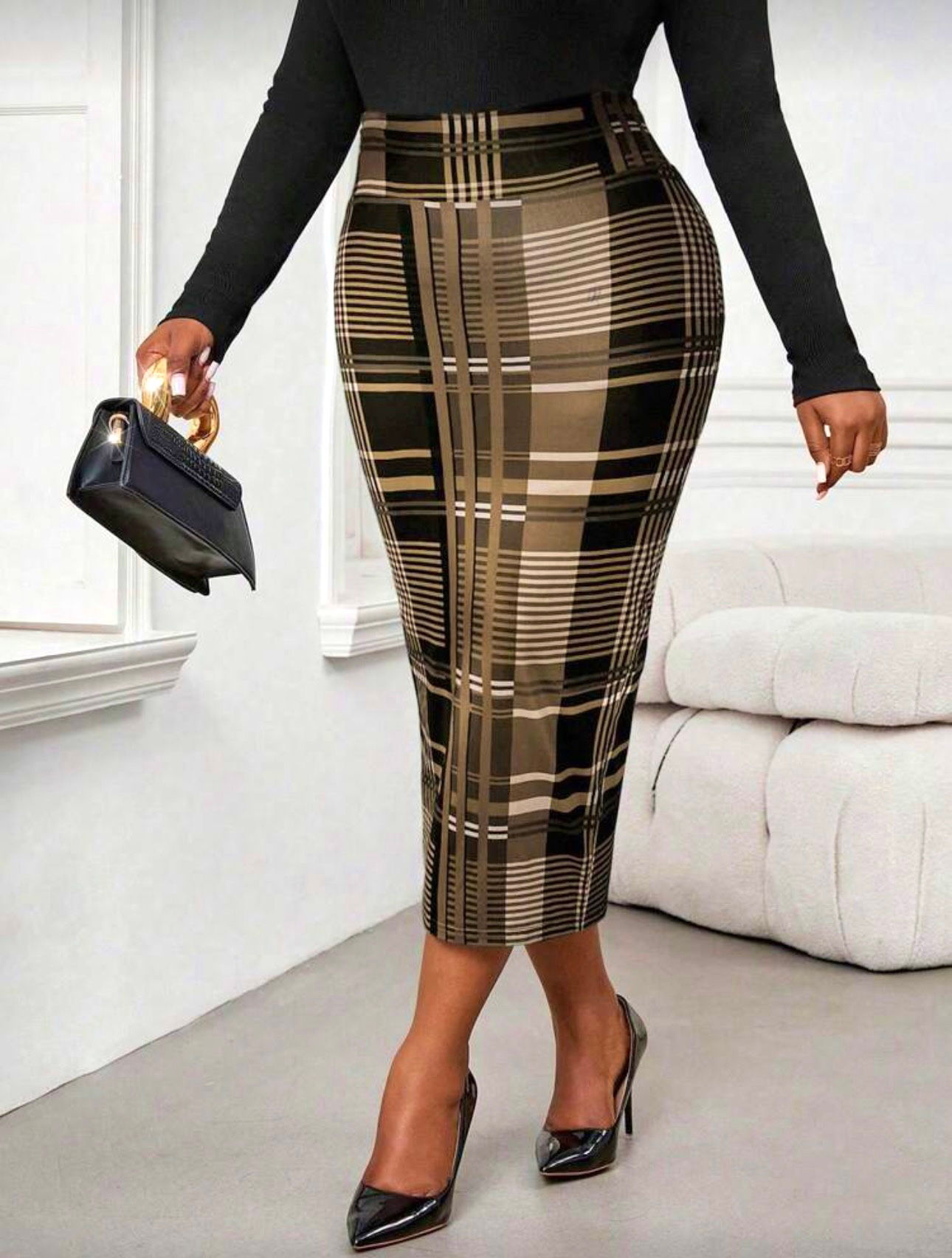 Brown plaid pencil skirt 