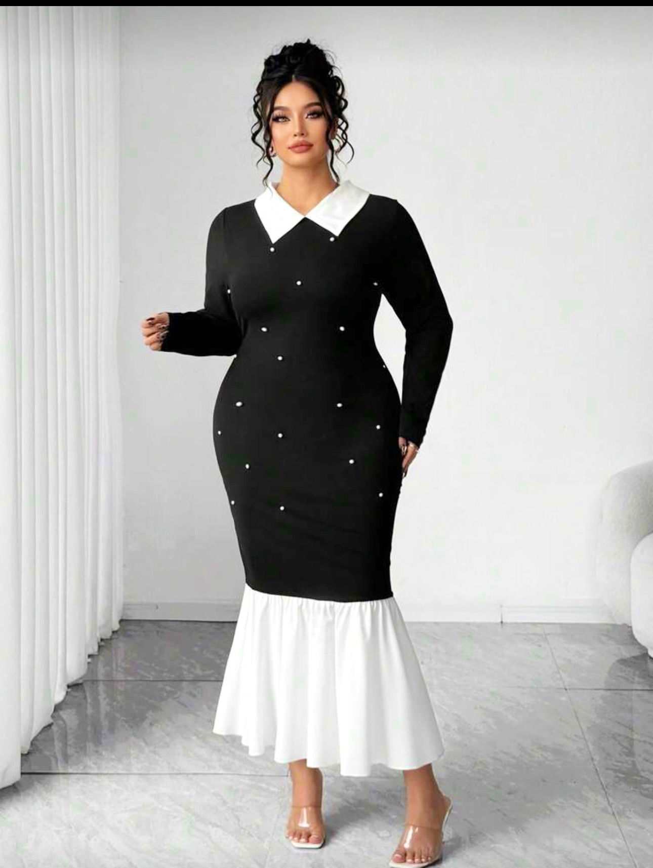 Long Sleeve Dress With Collar And Bubble Bead Decor
