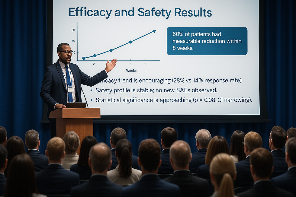 Speaker presents efficacy and safety results to an audience. Graph and text highlight patient data. Formal setting with blue curtains.