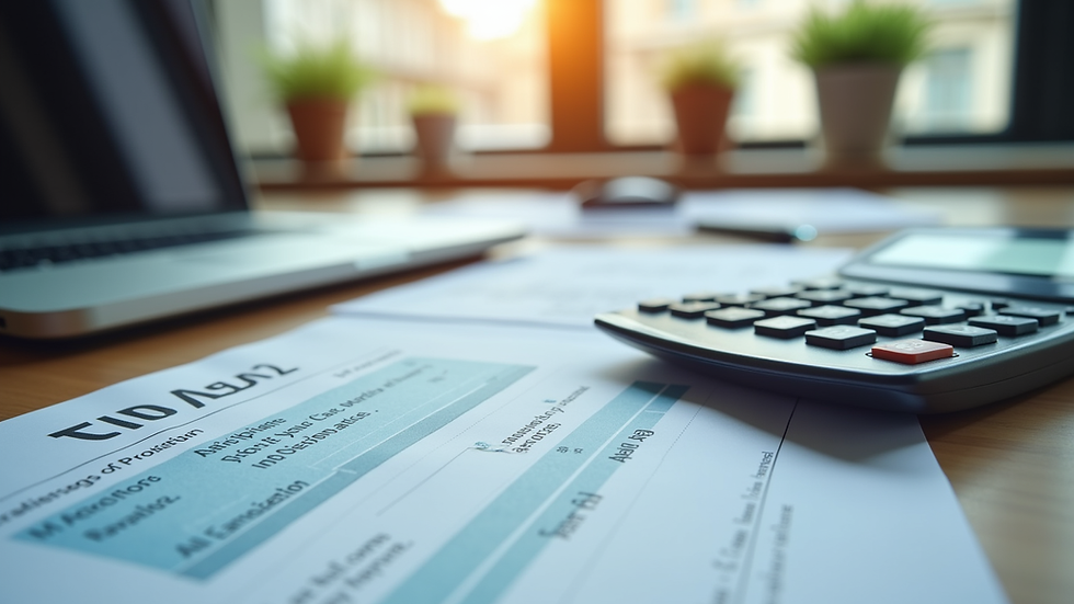 Eye-level view of a modern office desk with tax documents and calculator