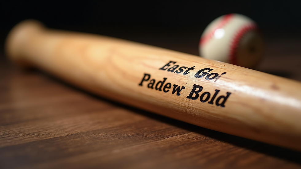 Close-up view of a wooden baseball bat engraved with a player's name and motivational phrase