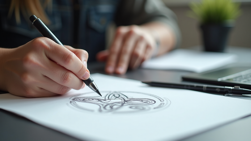 Eye-level view of a designer sketching logo concepts on paper
