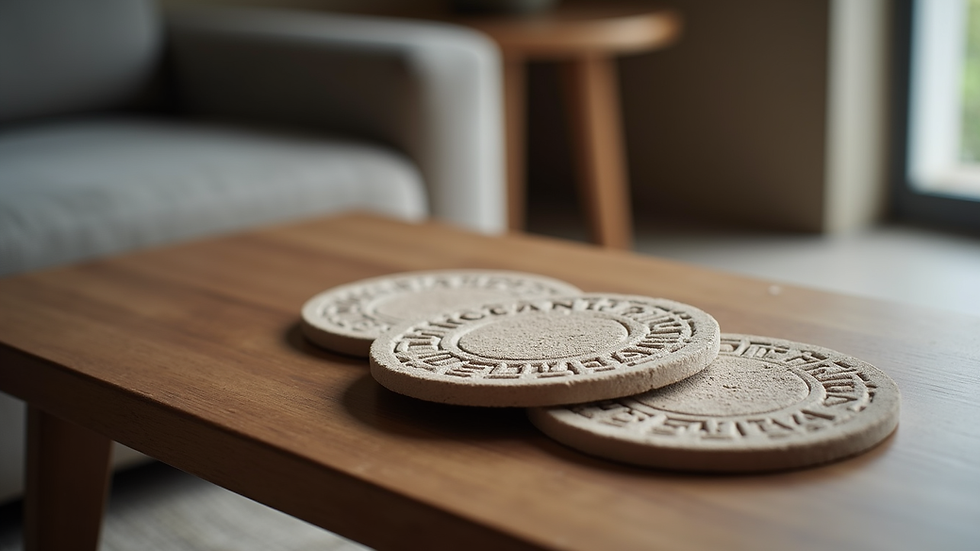 Eye-level view of stone engraved coasters arranged neatly on a coffee table