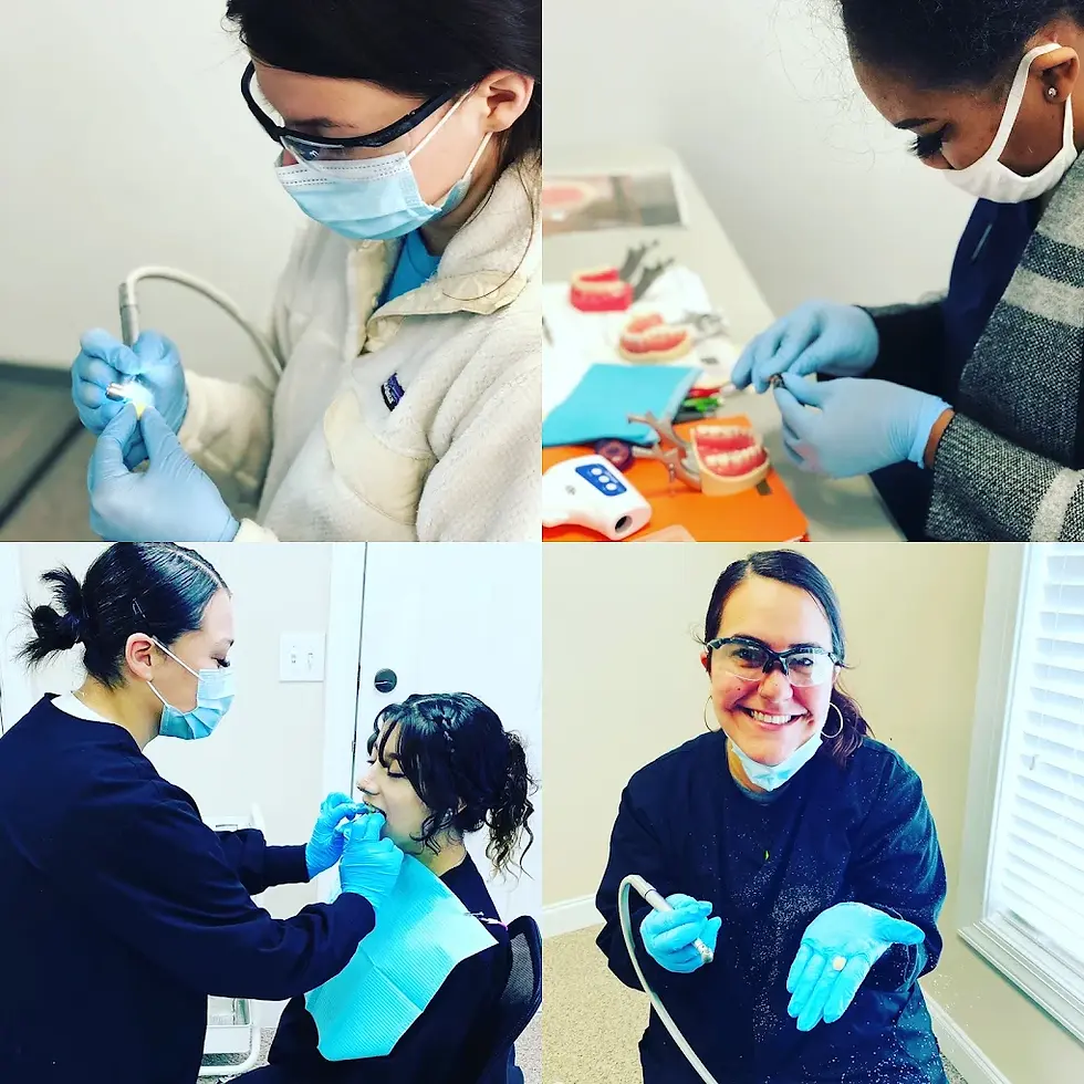 Dental students practicing with instruments and models. One student treats a patient. They wear masks, gloves, and goggles. Bright room.