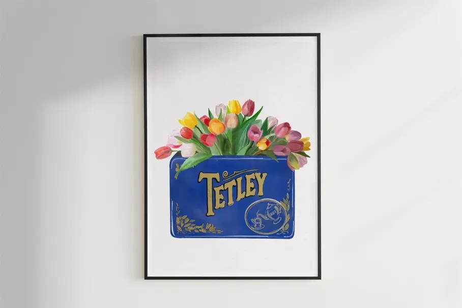Vintage Tetley Tea Tin and Tulips Floral A4 Print