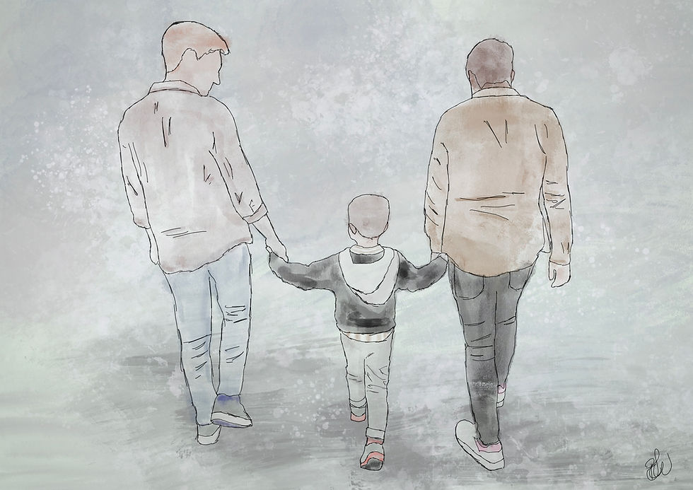 two dads walking with son illustration watercolour