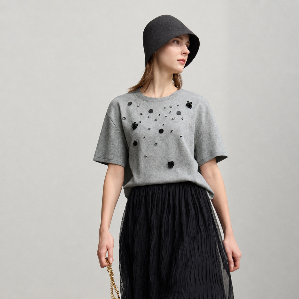 T-shirt Été 2026 à Perles 3D Fleuries – Coupe Ample Élégante