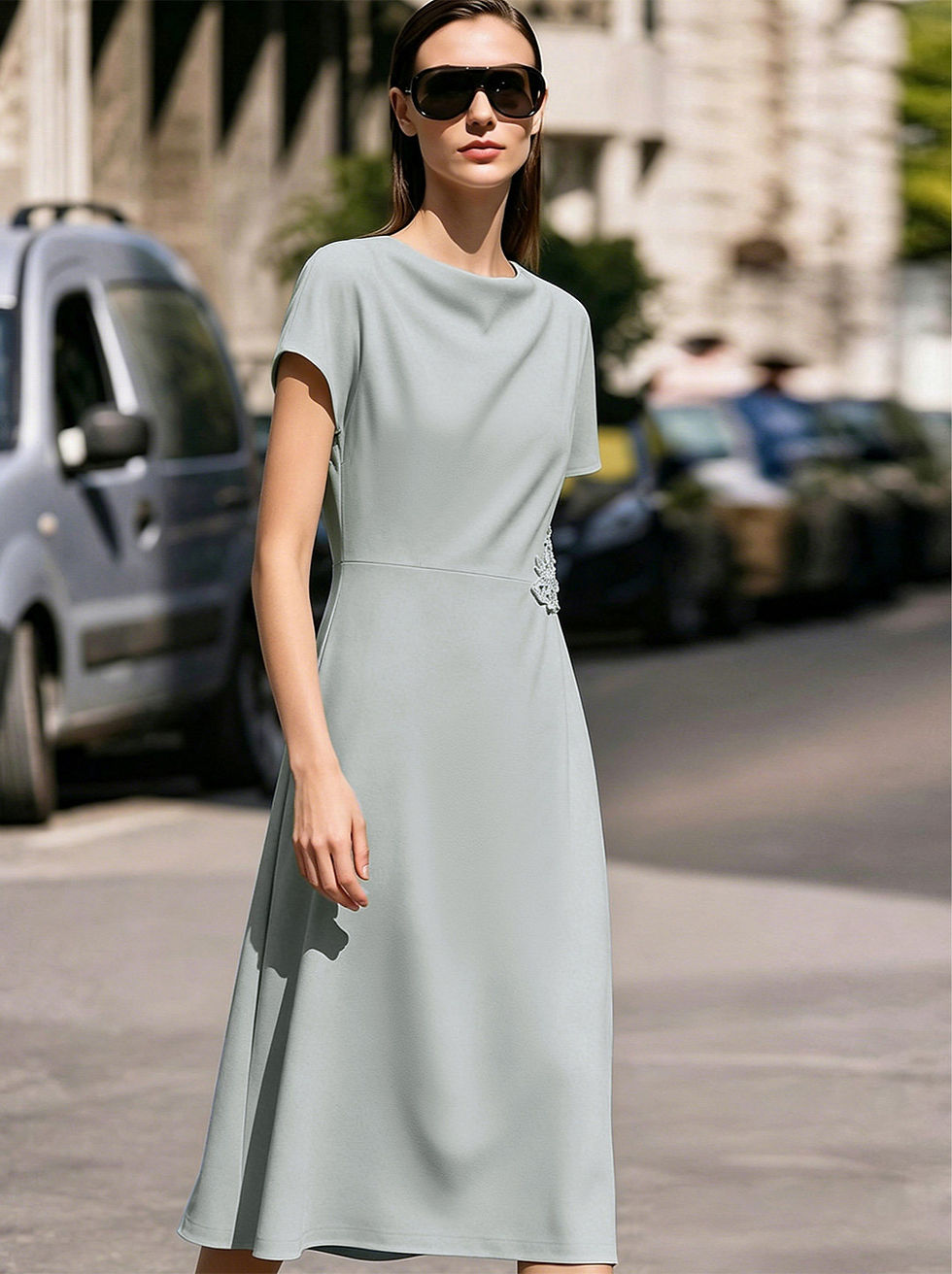 Robe Midi avec Col Bénitier et Dentelle Raffinée